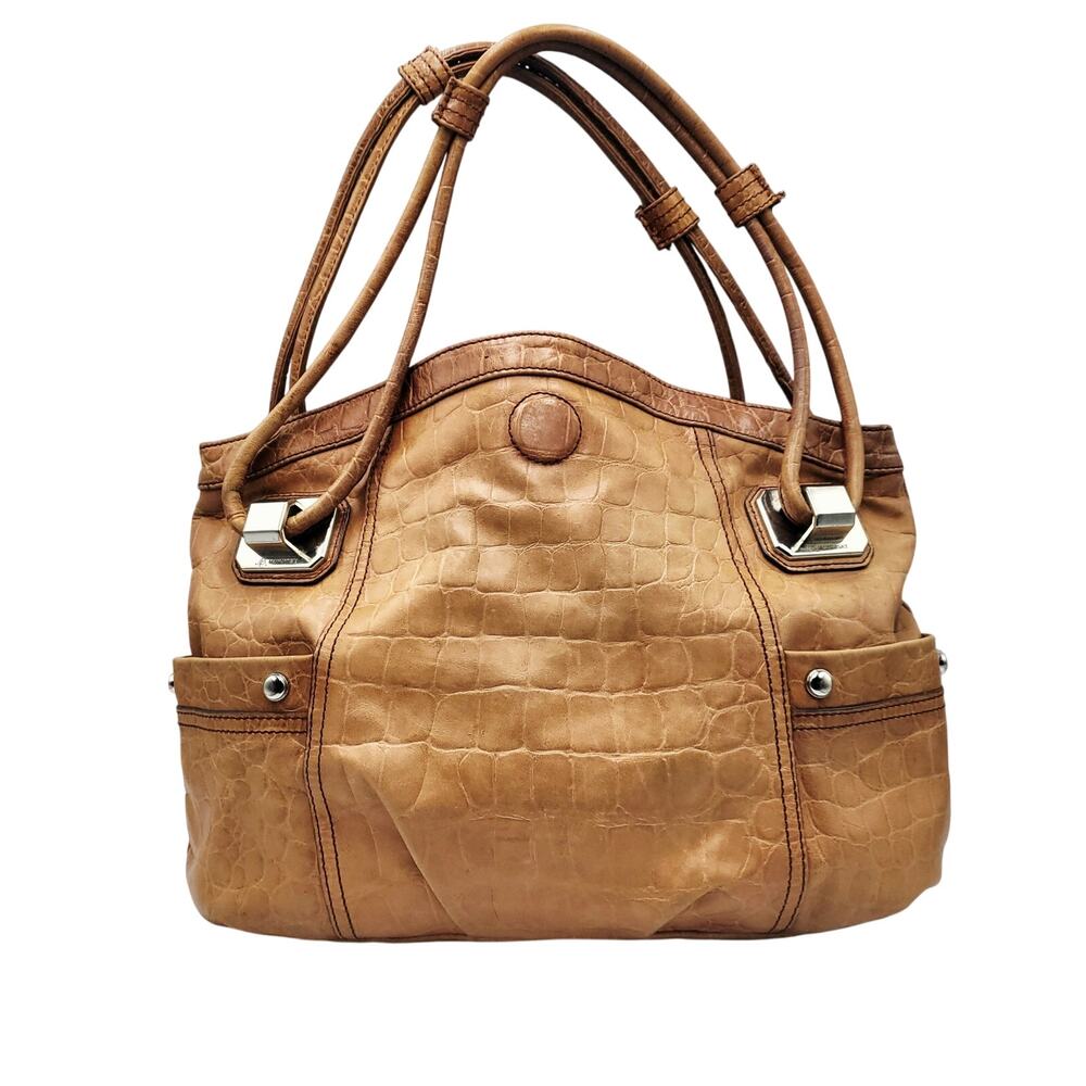 Vintage B. Makowsky Faux Croc-embossed Camel Brown Leather Satchel Shoulder Bag